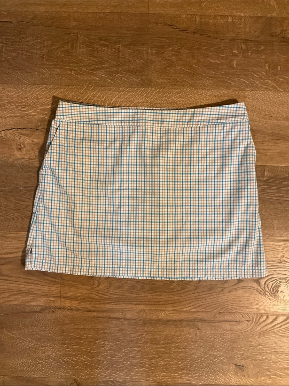 Adidas white, blue, gray plaid golf skirt, 14